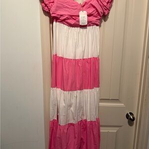 Women Pink & White Tiered Maxi Dress